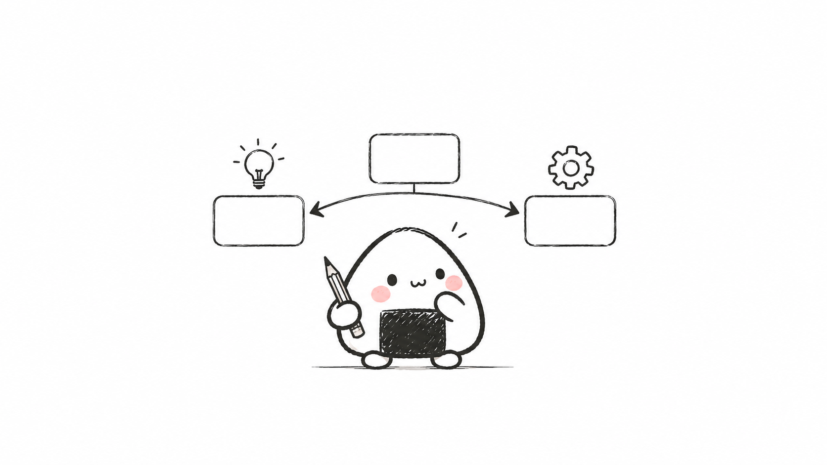 小饭团拿着铅笔,在两条分叉的 AI 工作流之间思考选择。